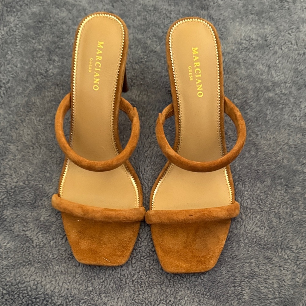 Marciano Suede Double-Strap Slide Heels in Cognac